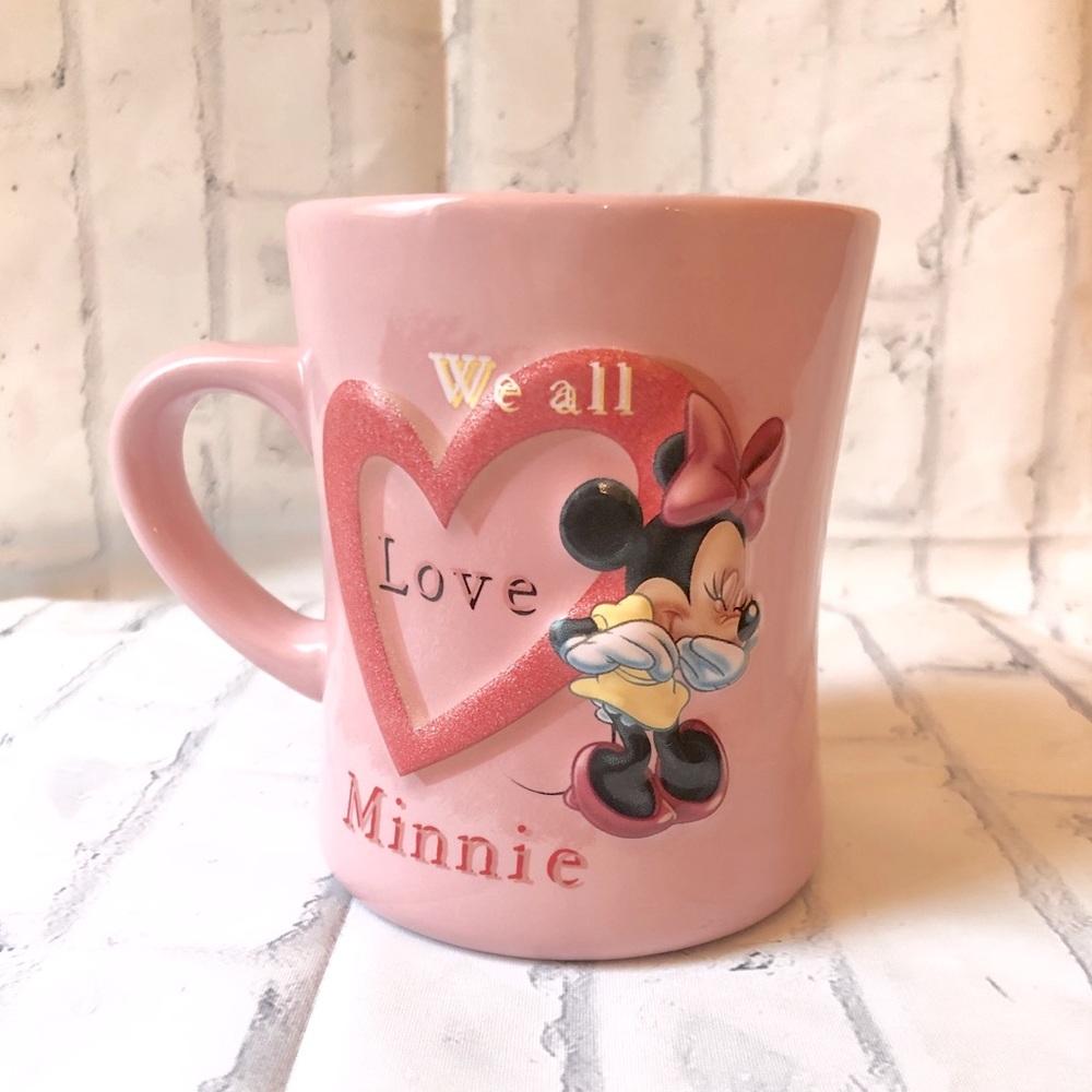 Disney Parks Minnie Mouse Pink 3D Glitter Heart Mug "We All Love Minnie"